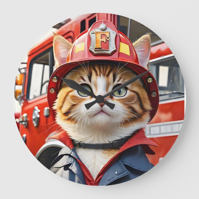 Grande Horloge Ronde Cute Tabby Chat en Aquarelle Uniforme Firefighter (Recto)