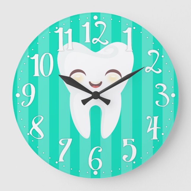 Grande Horloge Ronde Cute Tooth - Teal Striped Dental Wall Clock (Recto)