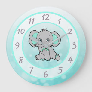 Grande Horloge Ronde Cute turquoise d'éléphant enfants ou bébé pépinièr