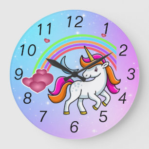Grande Horloge Ronde Cute Unicorn, Colorful Rainbow