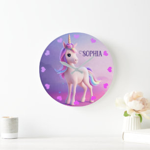 Grande Horloge Ronde Cute Unicorne Blanche Avec Rose & Bleu Mane