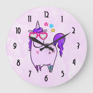 Grande Horloge Ronde Cute Unicorne dans les lunettes en forme de coeur