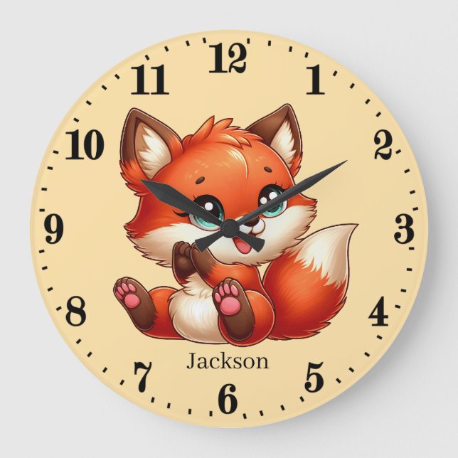 Grande Horloge Ronde Cute unisex baby fox ajouter nom (Recto)