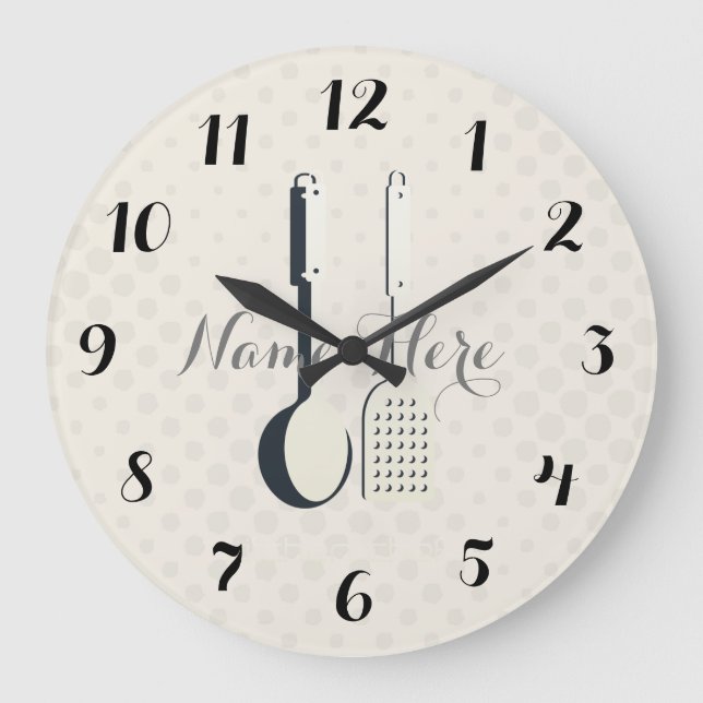 Grande Horloge Ronde Cute Ustensiles Points Ajouter Nom Cuisine Mur Hor (Recto)