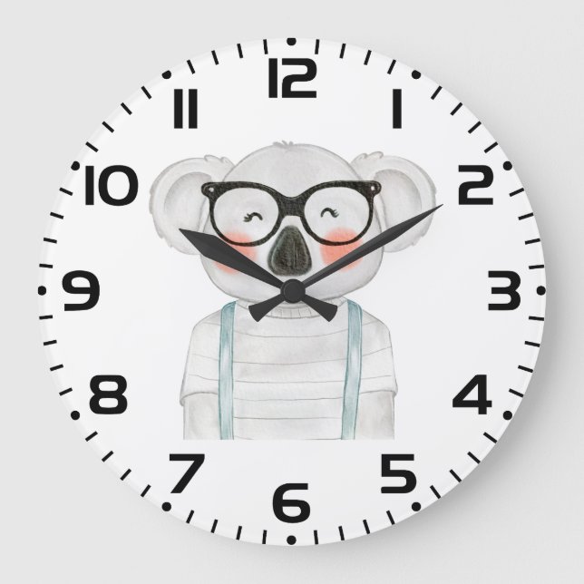 Grande Horloge Ronde Cute Watercolor Koala with Glasses (Recto)