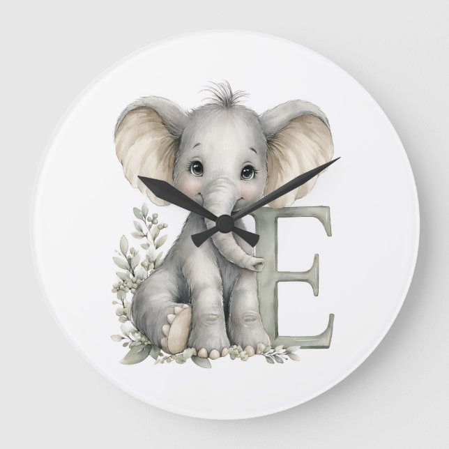 Grande Horloge Ronde Cute watercolour baby animal alphabet Elephant (Recto)