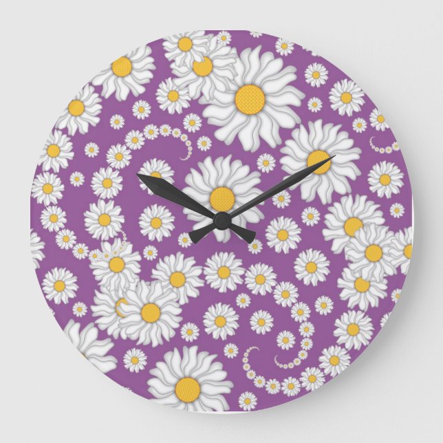 Grande Horloge Ronde Cute White Daisies on Purple Background (Recto)