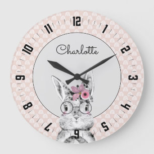 Grande Horloge Ronde Cute Woodland Animal Watercolor Girl