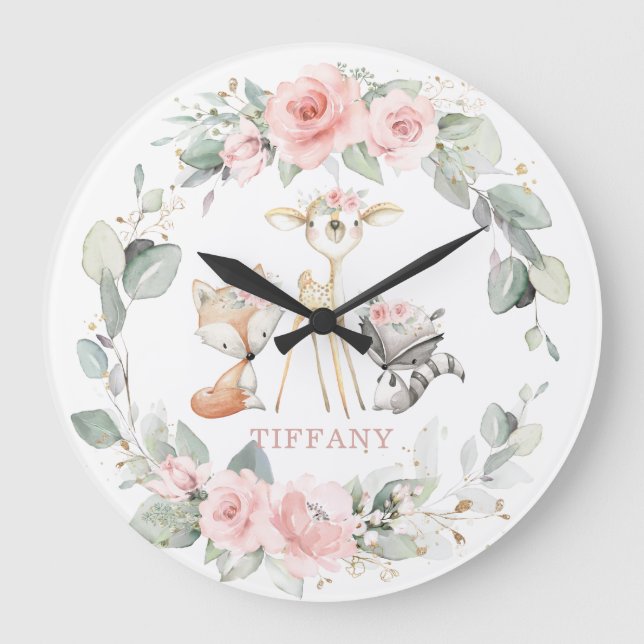 Grande Horloge Ronde Cute Woodland Animaux Floral Greenery Girl Nursery (Recto)