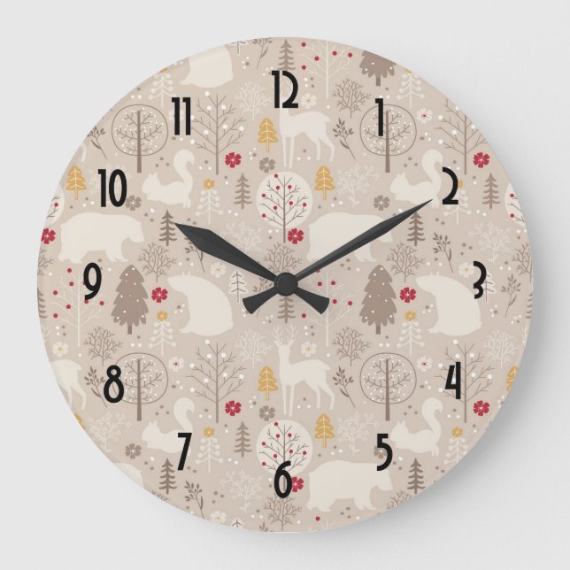 Grande Horloge Ronde Cute Woodland Animaux Motifs nordiques (Recto)