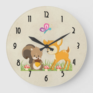 Grande Horloge Ronde Cute Woodland Creatures Cartoon Illustration