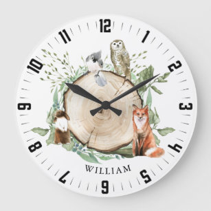 Grande Horloge Ronde Cute Woodland Forest Animals Personalized Boy Name