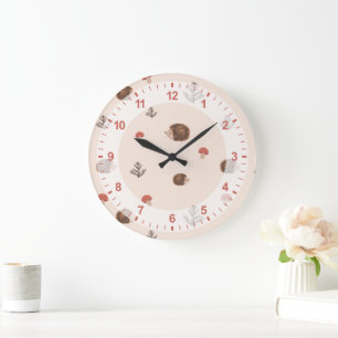 Grande Horloge Ronde Cute Woodland Hérisson et Motif de champignons