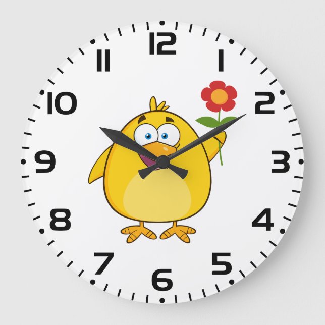 Grande Horloge Ronde Cute Yellow Cartoon Chick with Flower (Recto)