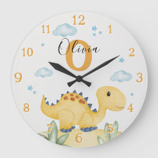Grande Horloge Ronde Cute Yellow Dinosaur Nursery Large Clock Personali
