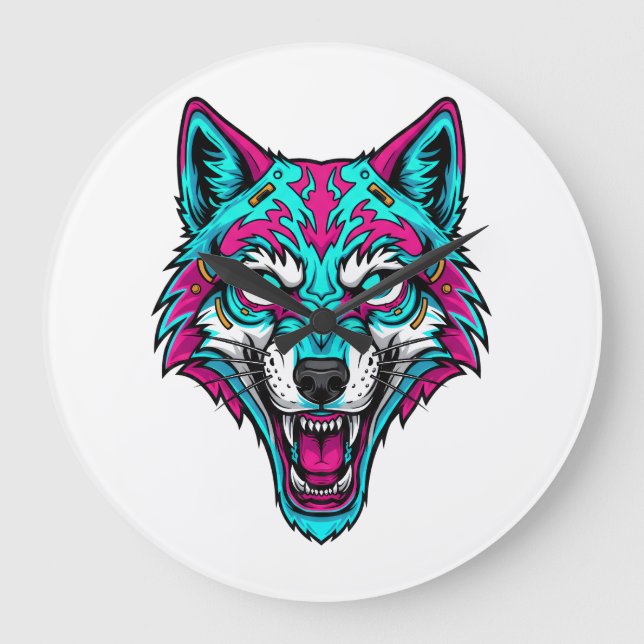 Grande Horloge Ronde Cyberpunk Neon Wolf - Synthwave Robotic Animal (Recto)
