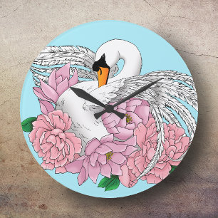 Grande Horloge Ronde Cygne et fleurs