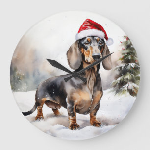 Grande Horloge Ronde Dachshund Chien dans la neige Noël