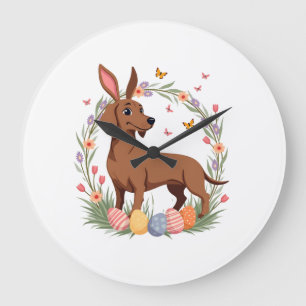 Grande Horloge Ronde Dachshund de Pâques vintage lapin chien avec œuf f