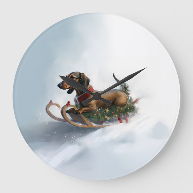 Grande Horloge Ronde Dachshund hiver neige de Noël (Recto)