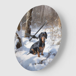 Grande Horloge Ronde Dachshund laisse tomber la neige de Noël