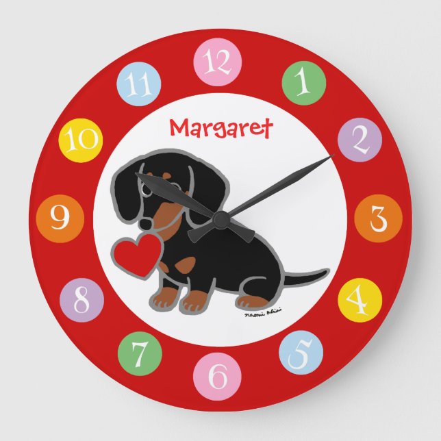 Grande Horloge Ronde Dachshund noir et tan lisse (Recto)