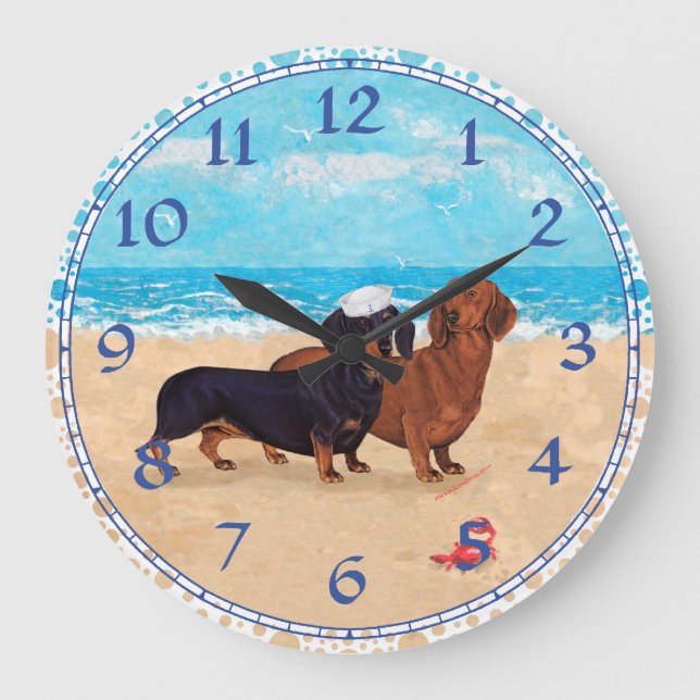 Grande Horloge Ronde Dachshunds à la plage (Recto)