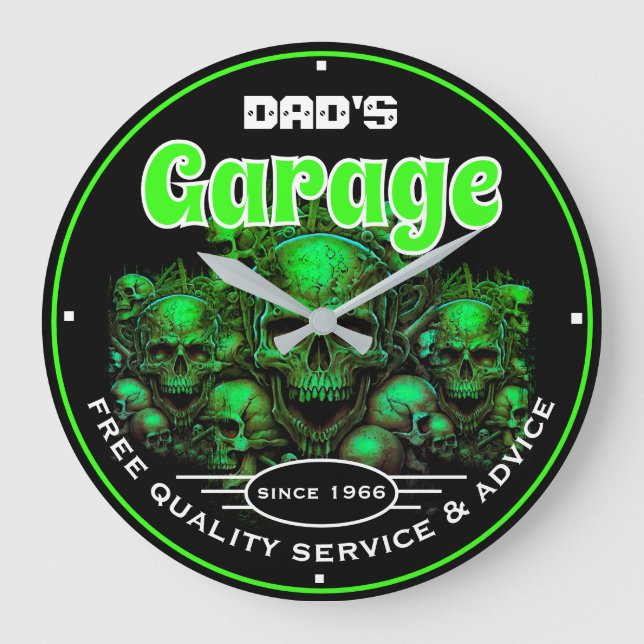 Grande Horloge Ronde Dad's Garage Green Skulls Automotive Mechanic  (Recto)