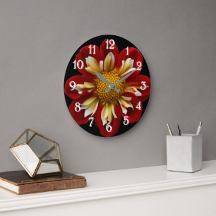 Grande Horloge Ronde Dahlia à collerette rouge sur fond floral noir