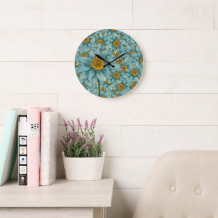 Grande Horloge Ronde Dahlia Bleu Vintage - Décor Floral Botanique