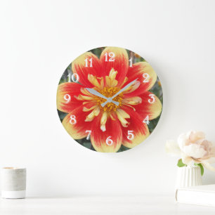 Grande Horloge Ronde Dahlia Floral Collerette Orange et Jaune