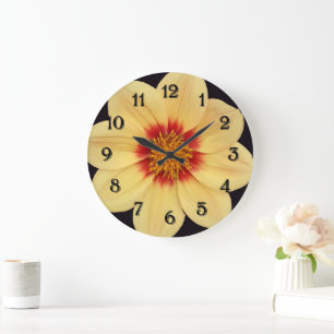 Grande Horloge Ronde Dahlia jaune sur Floral noir