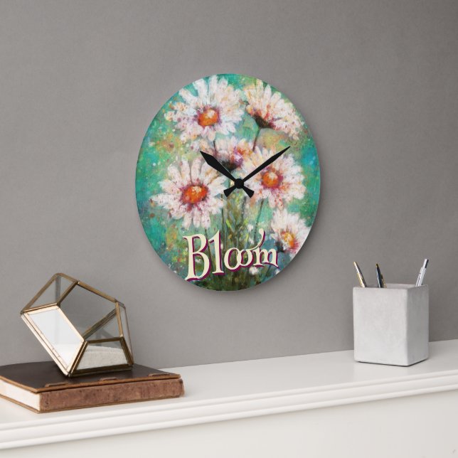 Grande Horloge Ronde Daisies Impressionistic Floral Teal Personalized (Bureau)