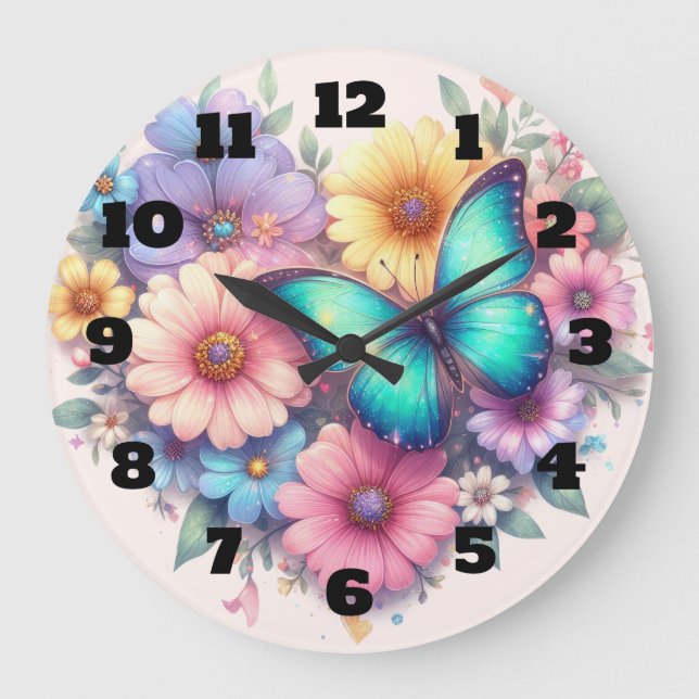 Grande Horloge Ronde Daisy Flowers with a Beautiful Butterfly (Recto)