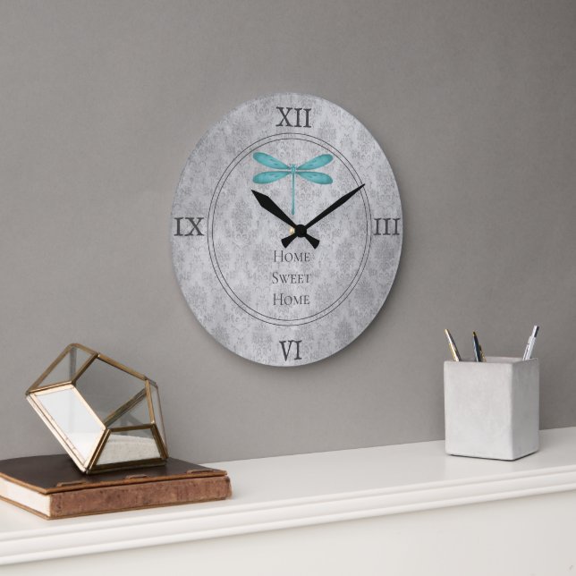Grande Horloge Ronde Damas de libellule turquoise (Bureau)