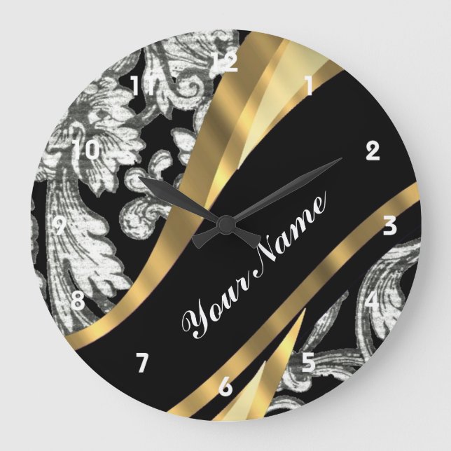 Grande Horloge Ronde Damas florales noir et blanc (Recto)