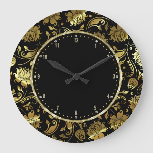 Grande Horloge Ronde Damas Florales Noir Et Or (Recto)
