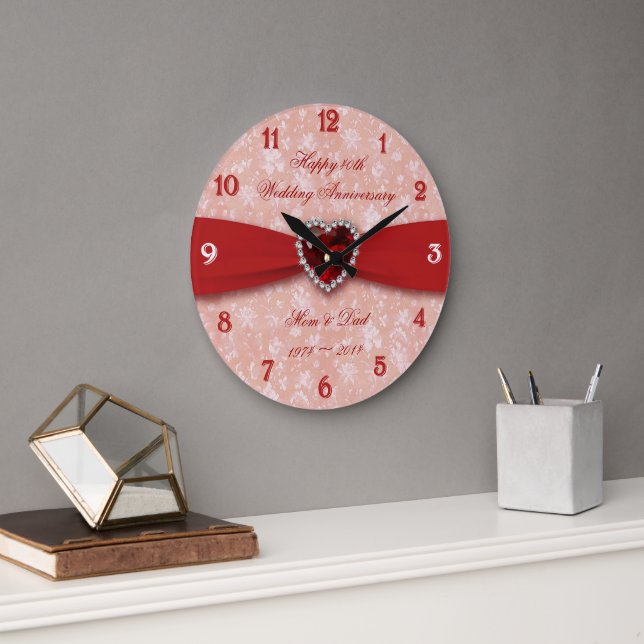 Grande Horloge Ronde Damask 40e anniversaire Mariage Design (Bureau)