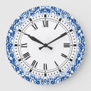 Grande Horloge Ronde Damask bleu et blanc