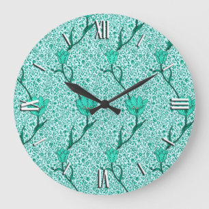 Grande Horloge Ronde Damassé de tulipe de Nouveau d'art, turquoise