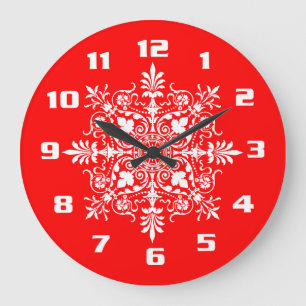 Grande Horloge Ronde Damassé élégant victorien rouge brillant orné
