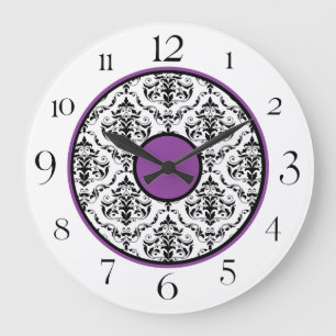 Grande Horloge Ronde Damassé noire et blanche pourpre 10,75" élégant