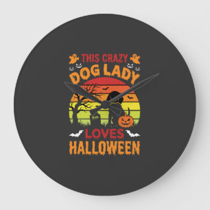 Grande Horloge Ronde Dame Chien Fou Aime Halloween Design Vintage