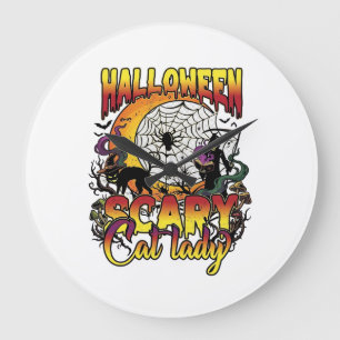 Grande Horloge Ronde Dame de chat effrayante Halloween Faucheuse Lune M