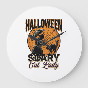 Grande Horloge Ronde Dame de chat effrayante Halloween Sorcière Web Vin
