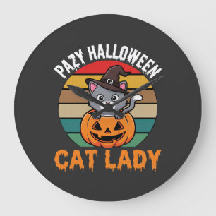 Grande Horloge Ronde Dame de chat Halloween Sorcière Citrouille Design 