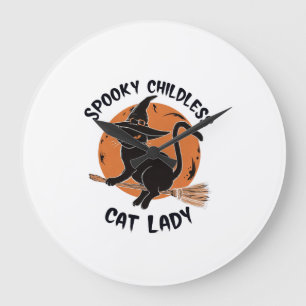 Grande Horloge Ronde Dame de chat sans enfants Halloween Sorcière effra