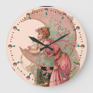 GRANDE HORLOGE RONDE DAME DE LA LUNE AVEC FLEURS EN ROSE