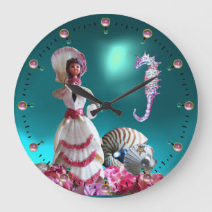 GRANDE HORLOGE RONDE DAME DES SEASHELLS, SEAHORSE ET ROSE BLUE GEMS