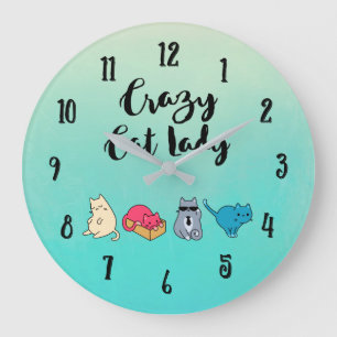 Grande Horloge Ronde Dame du chat fou et 4 chats mignons